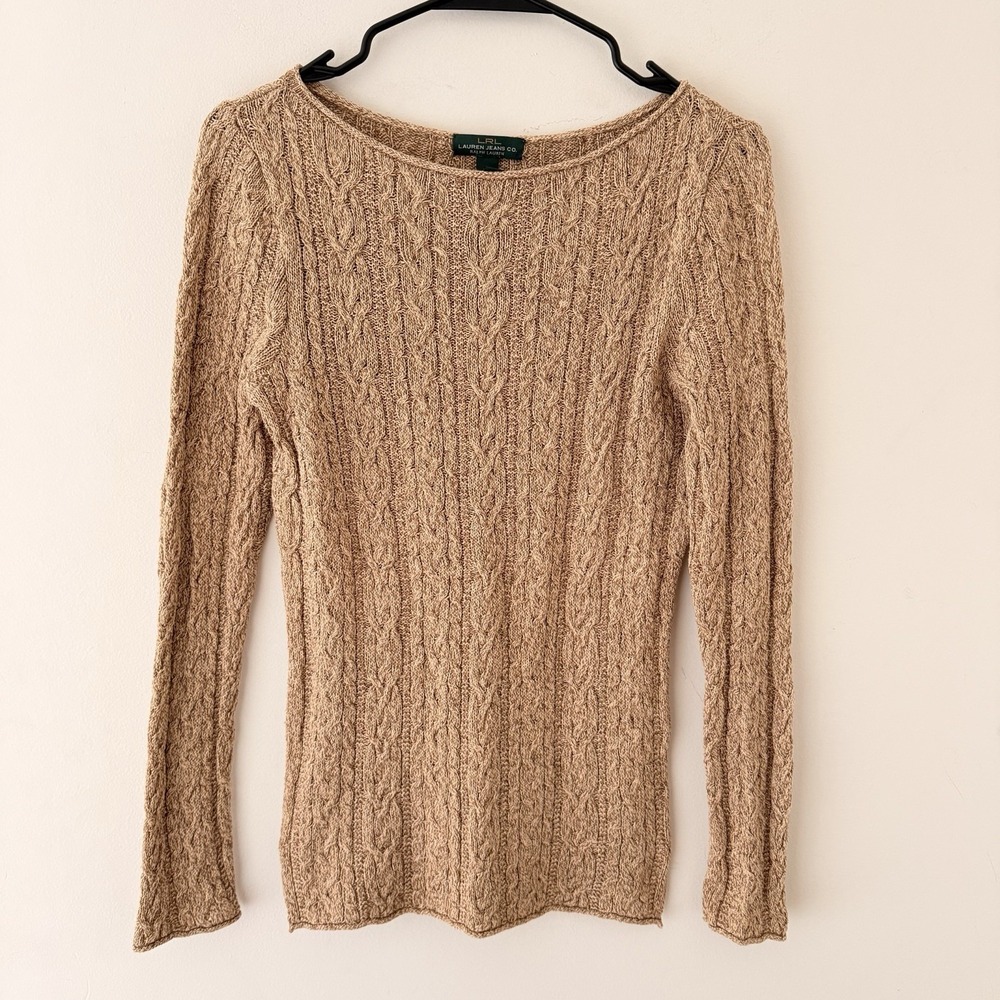 Vintage Lauren Ralph Lauren Women's Sweater XS Brown Cotton Cable Knit Y2K‎